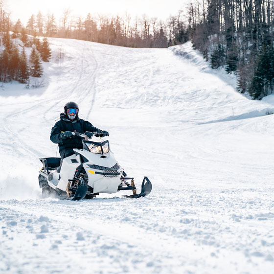 Man on Snowmobile in snowy forest
